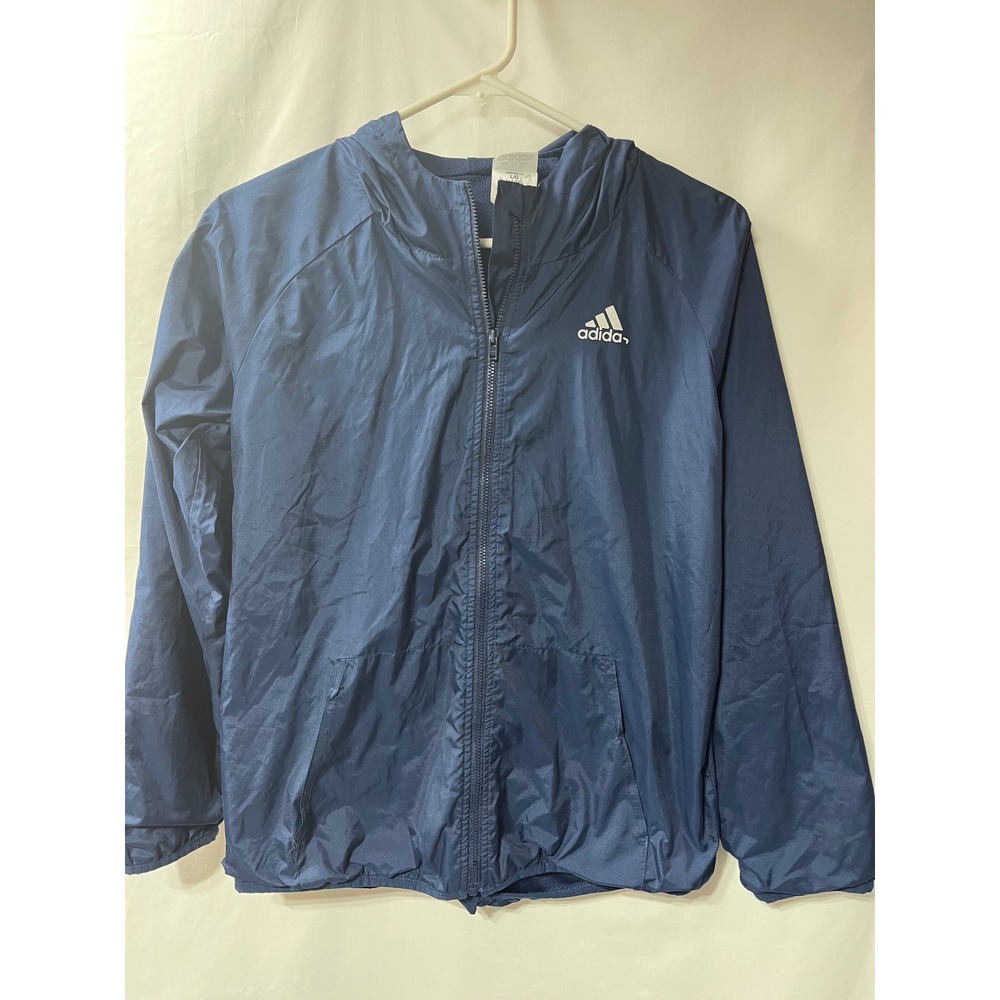 Adidas Kids Navy Blue Hooded Windbreaker Jacket Mesh Lined Full Zip Size L 14/16